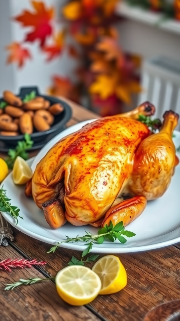 A crispy air fryer turkey garnished with herbs and lemons on a rustic table.